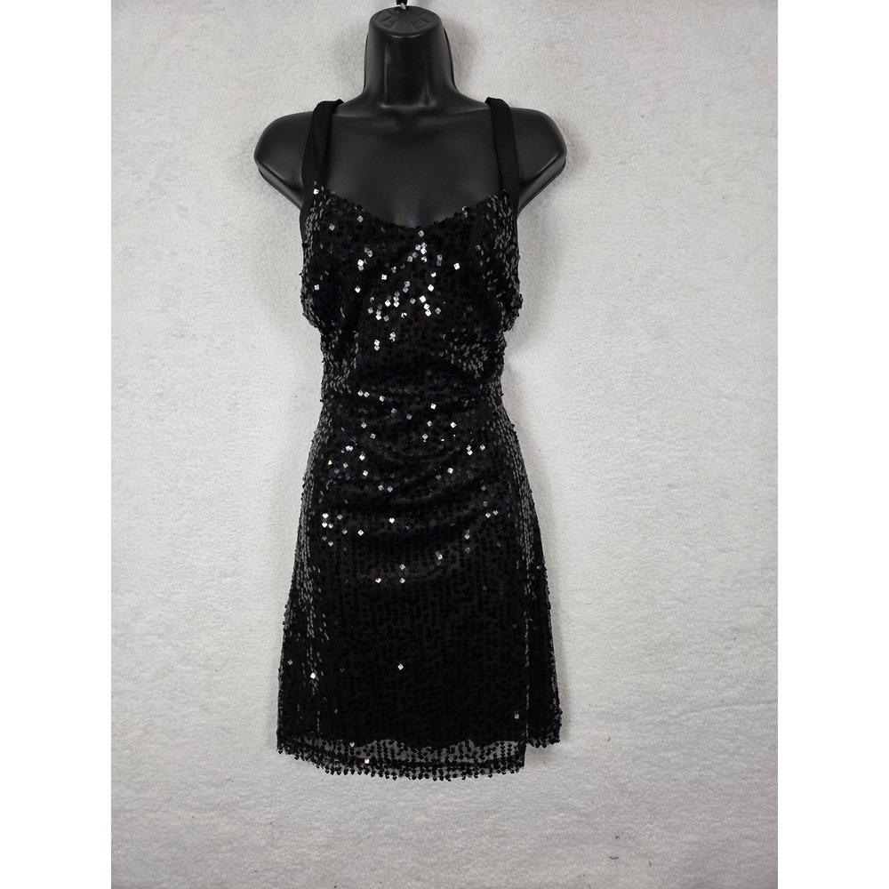 Ever-Pretty Black Sequin Mini Dress Womens 18 V-Neck Bodycon Party Clubware Y2K